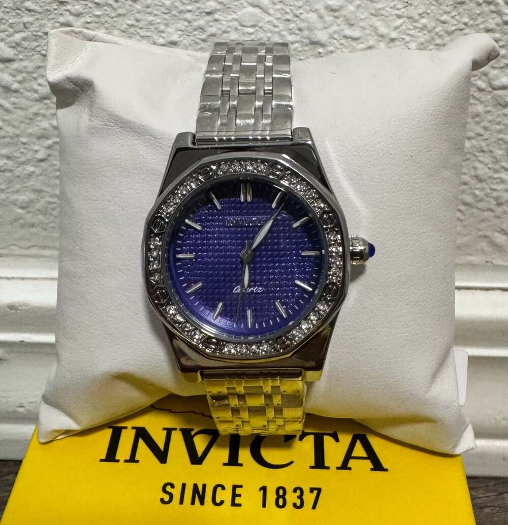Invicta Quartz Watch Silver Purple Dial Crystal Bezel